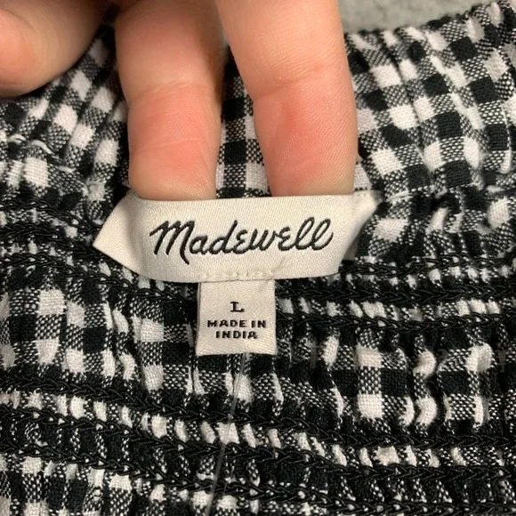 Madewell Mini Dress Size Large Black/White Gingham Smocked U-Neck Linen NWT $119 - Picture 5 of 11